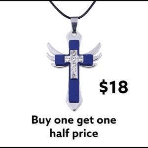 Blue silver wing crystal chip cross necklace leather chain